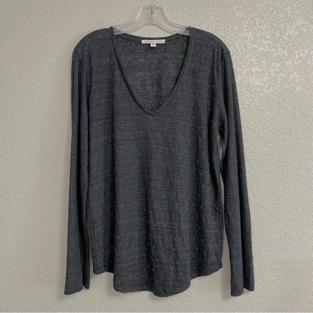 Burning Torch Sweater Top Women L Beaded Linen Lightweight Gray Boho